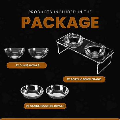 Elevated Dog Bowls for Medium Dogs – 5.5” Acrylic Raised Pet Feeder Stand with 2 Stainless Steel & 2 Glass Removable Bowls – Food & Water Dish Set - size: Medium Dogs-5.5" Height