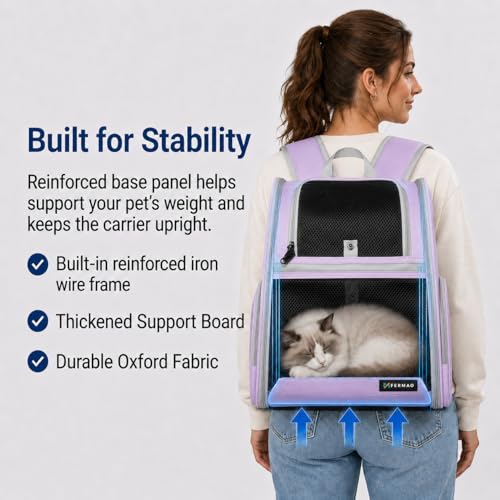 Cat Backpack Carrier for Small Dogs and Medium cat Puppy Kitten Bunny Pet Carrier Backpack Collapsible with Fully Ventilated Mesh with Safety Leash (Purple, 12.9" L x 10.62" W x 15.5" H - M) - color: Purple, size: Medium