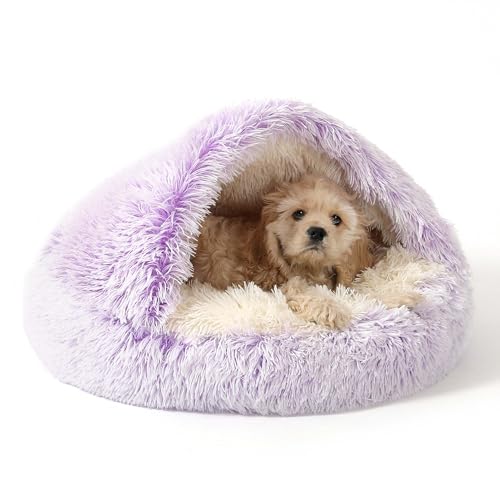 NOYAL Round Hooded Donut Dog Bed for Small & Medium Pets - Plush Fluffy Anti-Anxiety Cat Cave Bed with Cover - color: Gradient Purple, size: Small 19.6''