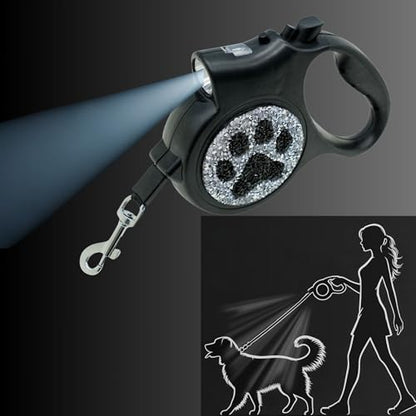 Led Retractable Dog Leash – 16ft Leash with Handcrafted Sparkle Detail Tangle-Free One-Hand Brake Soft Grip Handle for Small & Medium Dogs Up to 77lbs (DL-BK) - color: DL-BK