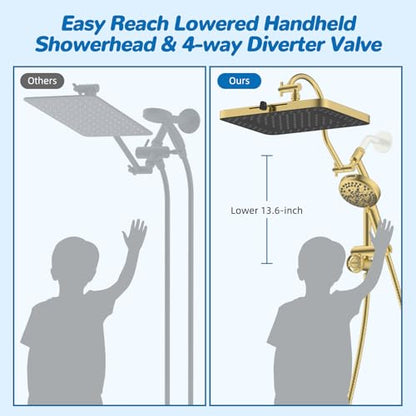 Hibbent cUPC Certified 13'' Shower Head Combo, High Pressure 5 Spray Rainfall Showerhead, 10 Spray Handheld, All Metal Easy Reach 4-way Diverter Arm with Pause Mode, 71'' Hose and Holder, Brushed Gold - color: Brushed Gold, style: Square 13"