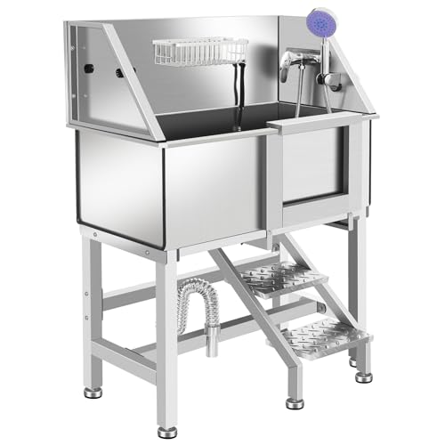 Stainless Steel Dog Washing Station, Pet Grooming Tub W/Storage Stairs, Faucet & Showerhead & Soap Holder Dog Bathtub for Large & Medium & Small Pets,34" R-RAMP - color: 34" R-RAMP