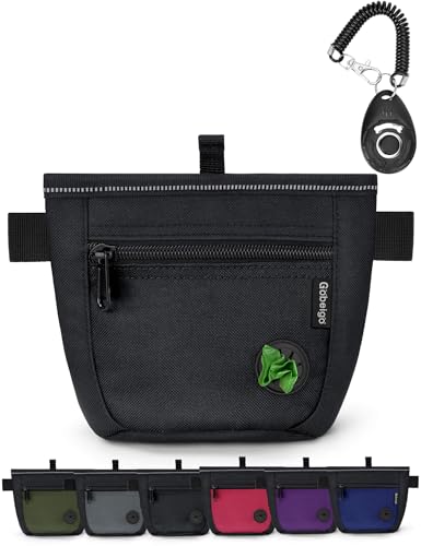 Gobeigo Dog Treat Pouch and Training Clicker, Upgrade Two Magnetic Closure to Prevent Spills, 2 Cup Treat Bag with Poop Bag Dispenser, Metal Clip Waist Belt Fanny Pack for Pet Walk (Black) - color: A-Black