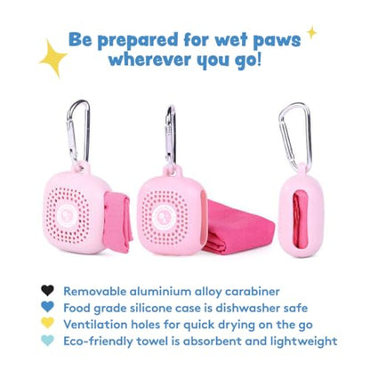 Portable Dog Paw Towel, Lightweight & Super Absorbent Microfiber, Clips onto Leash, Quick Drying Towel for Dogs Paws with Silicone Case, Dry Dog’s Paws on The Go - Small - Rosy Glow - color: Rosy Glow (Small)
