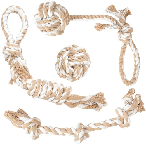 Fida Dog Rope Toys 4 Pack, Puppy Teething Sturdy Cotton Chew Tug Ropes Indoor/Outdoor, Exercise Interactive Tug O'War Toys Set for Boredom Small-Meidum Dogs - color: Natural White