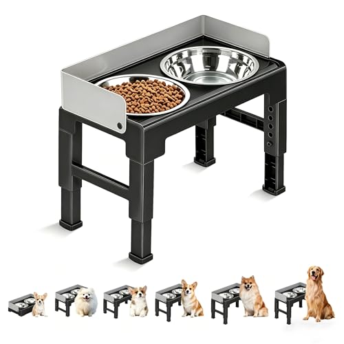 Marchul Elevated Dog Bowls, Raised Dog Food Water Bowl with 2 Thick Stainless Steel Bowls, 6 Height Adjustable, Non-Slip Stand, Spill-Proof for Medium Large Dogs (with Fence)