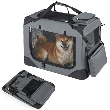 Giantex Folding Soft Dog Crate, 28 Inch Foldable Portable Dog Kennel for Medium Dogs up to 35 lbs, Collapsible Soft-Sided Pet Travel Crate with 5-Sided Mesh, 3 Doors, Washable Mat & Storage Pockets - size: 28.0"L x 21.0"W x 21.0"H