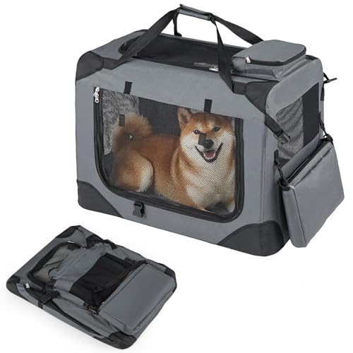 Giantex Folding Soft Dog Crate, 28 Inch Foldable Portable Dog Kennel for Medium Dogs up to 35 lbs, Collapsible Soft-Sided Pet Travel Crate with 5-Sided Mesh, 3 Doors, Washable Mat & Storage Pockets - size: 28.0"L x 21.0"W x 21.0"H