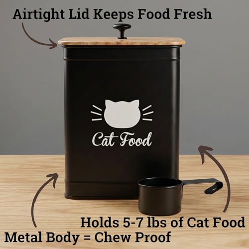 Cat Food Storage Container with Scoop - 5-7 lb (25 Cup) Capacity Metal Cat Food Container with Airtight Bamboo Lid and Metal Scoop - Airtight Pet Food Storage Containers 5 lb - 7 lb Kibble Container - color: Black