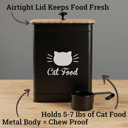 Cat Food Storage Container with Scoop - 5-7 lb (25 Cup) Capacity Metal Cat Food Container with Airtight Bamboo Lid and Metal Scoop - Airtight Pet Food Storage Containers 5 lb - 7 lb Kibble Container - color: Black