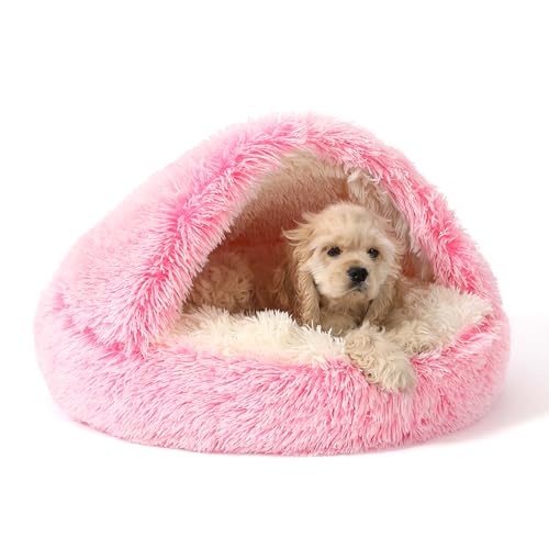 NOYAL Round Hooded Donut Dog Bed for Small & Medium Pets - Plush Fluffy Anti-Anxiety Cat Cave Bed with Cover - color: Gradient Pink, size: Small 19.6''