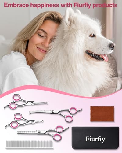 Furry Professional Pet Grooming Scissors with Safety Round Heads - 6 in 1 Curved Scissors for Dogs and Cats - color: Pink