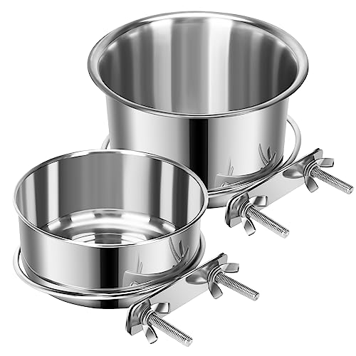 2 Pcs Small Pet Dog Food Water Bowl for Cage Stainless Steel Non-Spill Kennel Hanging Cats Pets Bowls with Clamp Holder Crate Feeder Dish for Small Dogs Pets (5.1x2.9'' & 4.7x1.9'') - color: Silver, size: S (34 & 19 OZ)