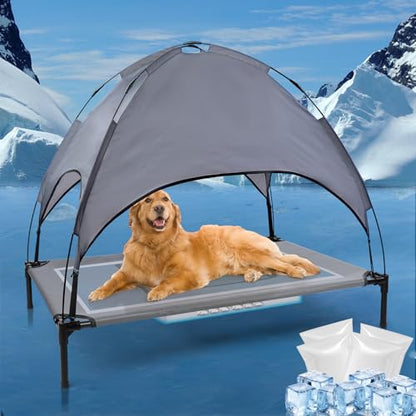 42'' Outdoor Elevated Dog Bed with Canopy, Raised Dogs Bed Medium Large Size Dogs with Six Support Feet, Breathable Cooling Dog Cot Beds Outdoor Dog Hammock Bed,Outside Pet Bed with 4 Ice Pack(Medium) - size: Medium(42.0"L x 26.0"W x 7.0"Th)