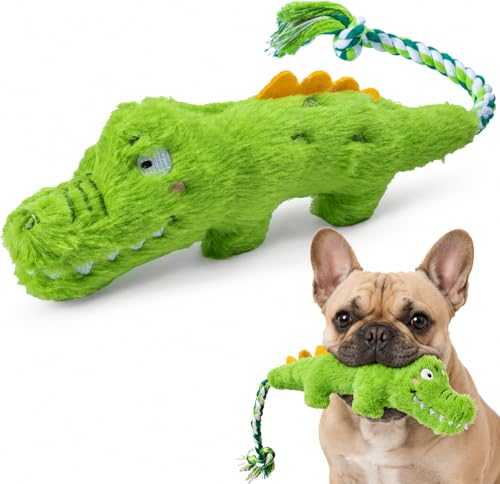 Squeaky Plush Crocodile Dog Toy with a Rope Tail,Crinkle Stuffed Dog Toy Keep Them Busy Tug of War Training Play, Dog Chew Toys for Small Dogs (Green)