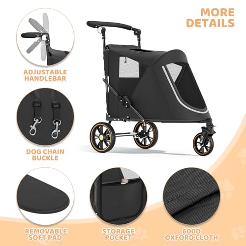 Magshion Pet Stroller for Medium Dogs w/Adjustable Handle, 3-Wheel Dog Cat Wagon w/Dual Entry, Rear Storage, Breathable Mesh, One-Foot Brake, Ideal for Large Pets up to 55 lbs, Black - color: Black, style: Up to 55 lbs