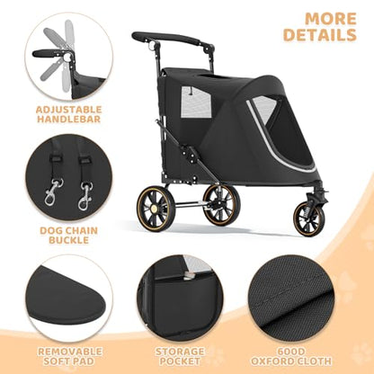 Magshion Pet Stroller for Medium Dogs w/Adjustable Handle, 3-Wheel Dog Cat Wagon w/Dual Entry, Rear Storage, Breathable Mesh, One-Foot Brake, Ideal for Large Pets up to 55 lbs, Black - color: Black, style: Up to 55 lbs