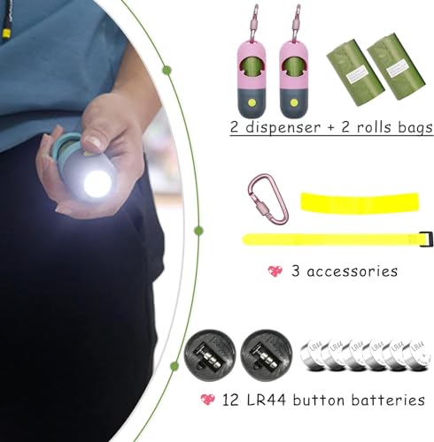 2 Pack Poop Bag Holder with Flashlight Waste Bag Dispenser for Leash with Clip and Battery Poop Bag Dispenser with Green Scented Poop Bags for Dog Walking(Pink,2 Dispenser 60 Bags) - color: Pink