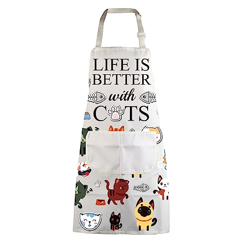 MBMSO Cat Apron With Pockets Cat Cooking Apron Funny Cat Kitchen Apron Life is Better With Cats Lover Gifts for Cat Mom gift