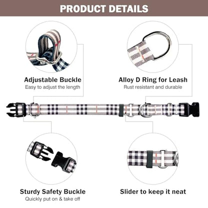 Hikiko Dog Collar for Small Medium Large Dogs, Adjustable Nylon Martingale Collars with Quick Release Buckle (Beige Plaid,M) - color: Beige plaid, size: Medium