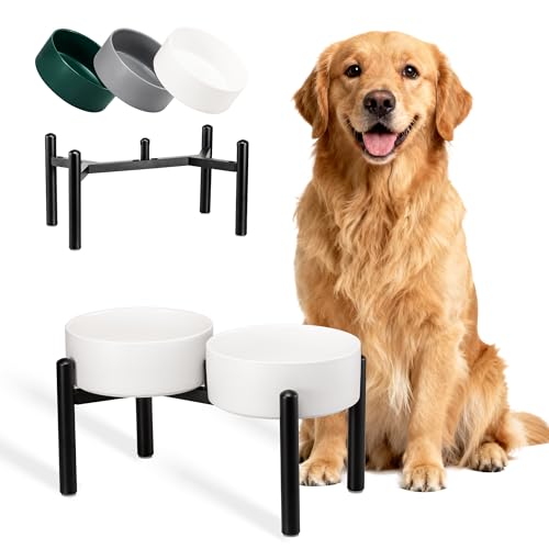 Dog Bowls Elevated - Ceramic Raised Dog Bowl with Non Slip Steel Stainless Stand - No Spill and Heated Feeding Station - Food and Water Dish Set for Medium to Large Pet - Each Holds 7.5 Cups – White - color: White, size: 2 Bowls - 7.5 Cups Each