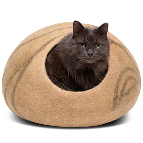 MEOWFIA Cat Cave – Premium Felt Cat Bed Enclosure for Indoor Cats, Handmade Merino Wool (Beige, Medium) - color: Beige, size: Medium