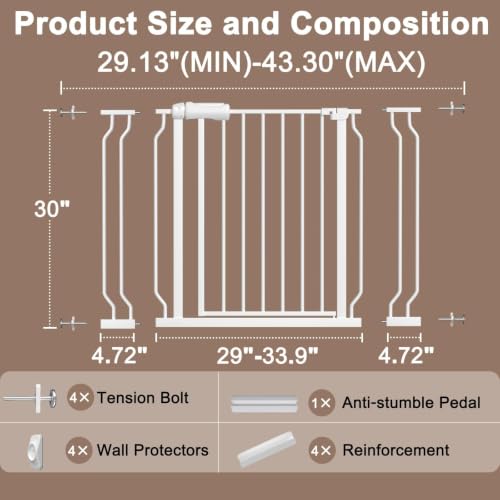 WAOWAO Baby Gate 74-110cm(29.9-43.3인치) 엑스트라 와이드 압력 장착 워크 스루 스윙 자동 닫힘 안전 화이트 메탈 유아 어린이 개 애완동물 강아지 계단, 출입구, 주방용 - color: 화이트., size: 29.5-43.3"/74.93-109.98cm