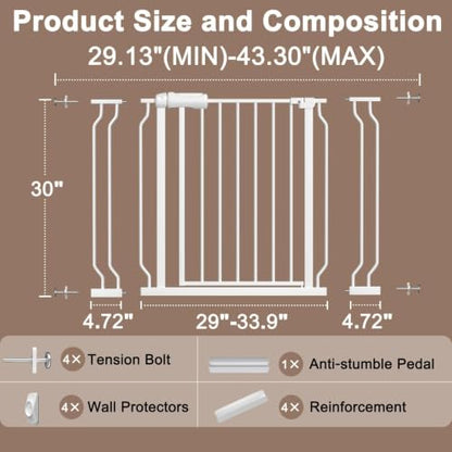 WAOWAO Baby Gate 74-110cm(29.9-43.3인치) 엑스트라 와이드 압력 장착 워크 스루 스윙 자동 닫힘 안전 화이트 메탈 유아 어린이 개 애완동물 강아지 계단, 출입구, 주방용 - color: 화이트., size: 29.5-43.3"/74.93-109.98cm