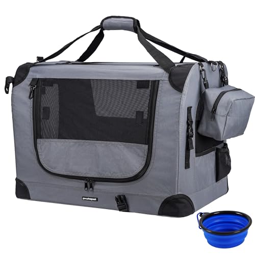 Prutapet Large Cat Carrier 24"x16.5"x16.5" Portable Dog Crate for Small Medium Dogs Collapsible Traveling Pet Crate with Collapsible Bowl - color: Grey, size: 24.0"L x 16.5"W x 16.5"H