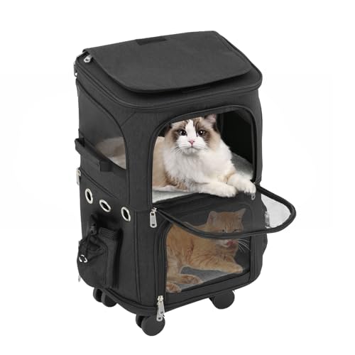 Double-Compartment Pet Rolling Carrier with Wheels, 13.78 * 10.24 * 24.01 in Ajustable Pet Carrier, 22.05 lbs Bearing Collapsible Pet Trolley Bag for Cats, Dogs, Pet Ferrets, Rabbits (Black) - color: Black