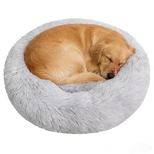 Calming Donut Dog Beds Large Sized Dog - Washable Removable Cover Non-Slip, Round Pet Bed Warming Fluffy Plush Faux Fur Anti-Anxiety Thick Cushion, Fits up to 80 lbs (Light Grey, 36") - color: Light Grey, size: 36"L x 36"W x 8"Th