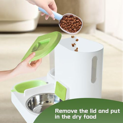 2 in 1 Automatic Cat Feeder & Water Dispenser,Gravity Pet Feeder Stainless Steel Food Water Bowl All-in-One Large Capacity Self Feeding for Cats Dogs Small Medium Pets(Green) - color: 【Green】
