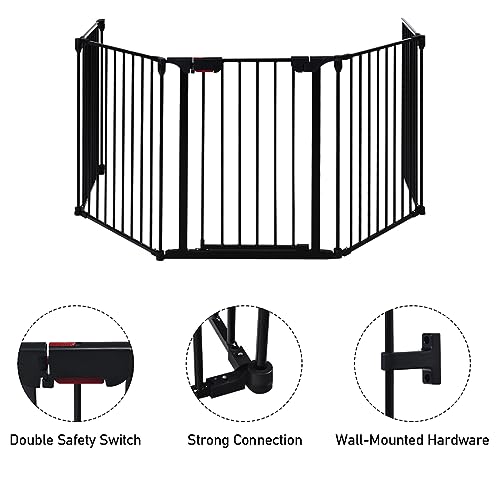 Costzon Baby Safety Gate, 121 Inch Length 5 Panel Adjustable Wide Fireplace Fence, BBQ Metal Fire Screen Gate, Pet Isolation Fence with Walk-Through Door, Freestanding Pets Gate - color: Black, size: 5-Panel
