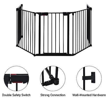 Costzon Baby Safety Gate, 121 Inch Length 5 Panel Adjustable Wide Fireplace Fence, BBQ Metal Fire Screen Gate, Pet Isolation Fence with Walk-Through Door, Freestanding Pets Gate - color: Black, size: 5-Panel