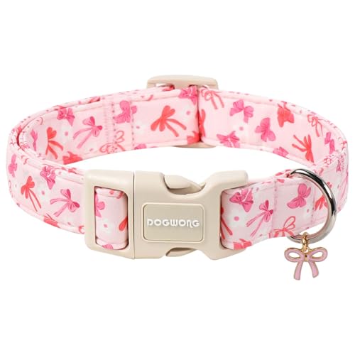 DOGWONG Pink Dog Collar, Cute Flower Girl Female Dog Collar Adjustable Soft Bowtie Print Pet Dog Collar Puppy Necklace for Small Dogs,XS - color: Flower Pinkbow, size: Extra Small