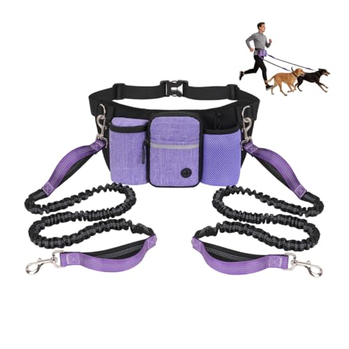 Hands Free Dog Leash for 2 Dogs, Adjustable Waist Belt, Reflective Stitching Leash with Double Padded Handles for Running, Hiking - color: Purple - 2 leash