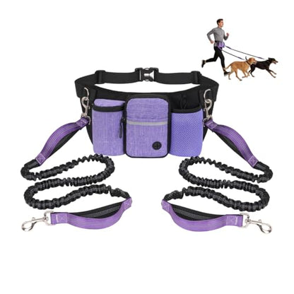 Hands Free Dog Leash for 2 Dogs, Adjustable Waist Belt, Reflective Stitching Leash with Double Padded Handles for Running, Hiking - color: Purple - 2 leash