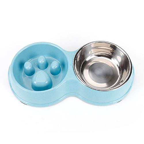 Slow Feeder Dog cat Double Bowl Stainless Steel and Anti-Choking Blue - color: blue