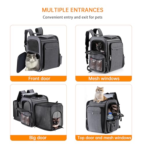 Cat Backpack Carrier,Double Side Expandable Cat Carrier Backpack,Dog Carrier Backpack for Medium Cats and Small Dogs,Puppies Up to 20 Lbs,Pets Carrier Backpack with Breathable Mesh(Grey) - color: Grey + Black Mesh