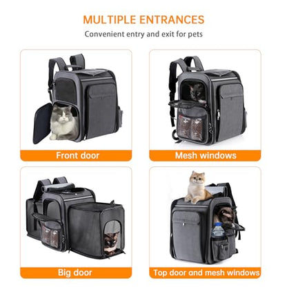 Cat Backpack Carrier,Double Side Expandable Cat Carrier Backpack,Dog Carrier Backpack for Medium Cats and Small Dogs,Puppies Up to 20 Lbs,Pets Carrier Backpack with Breathable Mesh(Grey) - color: Grey + Black Mesh