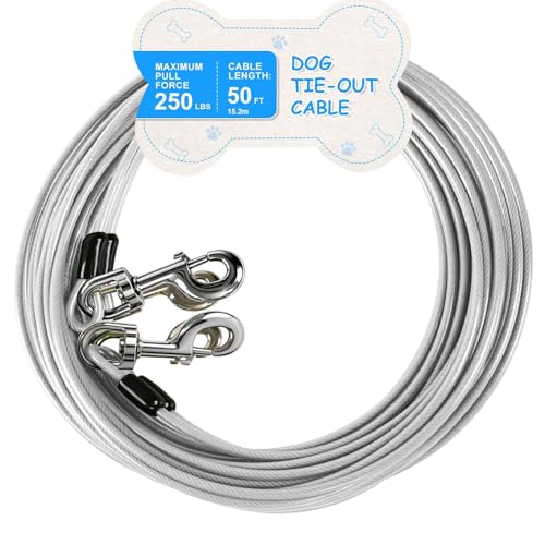 Tie Out Cable, 15/25/40/50 FT Runner Cable with Swivel Hook,Dog Leash Run Tether for Yard Outdoor and Camping,for Small to Medium Pets Up to 250 LBS（Silver） - color: New-Silver, size: 50Ft-250LBS