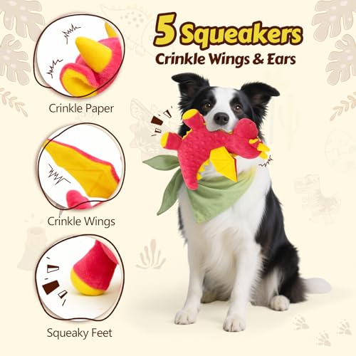 Squeaky Dog Toys - 2 Pack Plush Dragon Dog Toys with 5 Squeakers, Crinkle Wings & Ears, Soft Cute Dog Toys for Boredom, Small Medium Dogs and Gentle Large Dogs (Pink & Purple,10") - color: Pink & Purple
