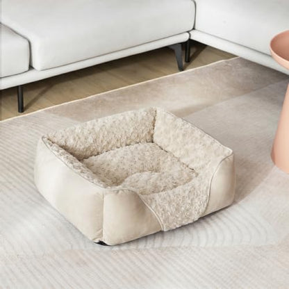 INVENHO Medium Dog Bed Rectangle Washable Orthopedic Soft Calming Sleeping Durable Pet Cuddler with Anti-Slip Bottom - color: Cream, size: M(25"x 21"x 8")