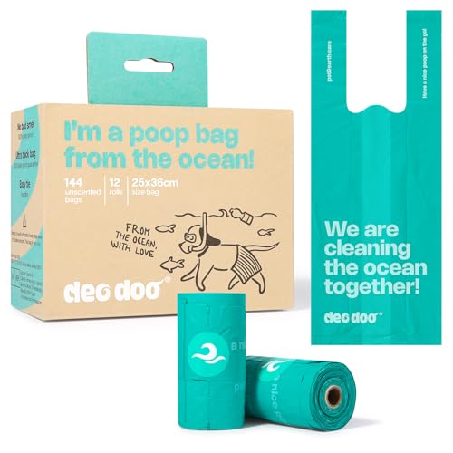Deo Doo Dog Poop Bags with Handles 144 Counts, Ocean-Recycled, Unscented | 100% Ocean-Waste Materials, Extra thick and Leak Proof, Easy-Tie & Tear-Resistant Design for Dog Walks Cleanups - color: Ocean Blue-100% PCR from Ocean