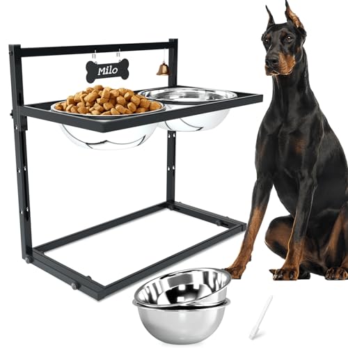 SHAINFUN Elevated Dog Feeder for Large Breeds, Adjustable Height Raised Dog Bowl Stand with 3000ML Stainless Steel Bowls - size: x-large dogs