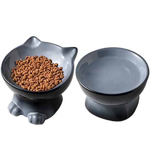 Nihow Elevated Cat Bowls,6 Inch Ceramic Raised Cat Food and Water Bowl Set | Slanted,Whisker Friendly,for Protecting Pet's Spine,Microwave & Dishwasher Safe ,Elegant Gray,6.8 OZ - color: Gray, size: 6.8 OZ+15.5 OZ
