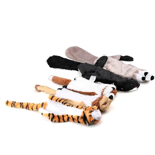 5 Pack Plush No Stuffing Double Squeaker Dog Toys, Tiger, Raccoon, Skunk, Fox, and Lion for Small, Medium and Large Dogs