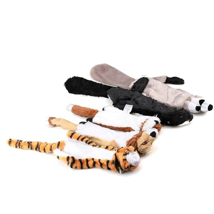 5 Pack Plush No Stuffing Double Squeaker Dog Toys, Tiger, Raccoon, Skunk, Fox, and Lion for Small, Medium and Large Dogs