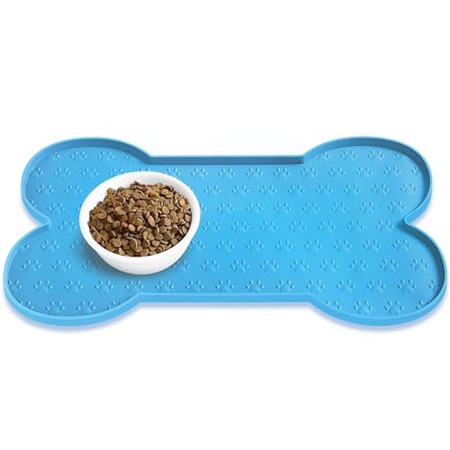 PWTAA Dog Food Mat Anti-Slip Silicone Dog Bowl Mat Thicker Pet Placemat Waterproof Cat Feeder Pad with Raised Edge Puppy Kitten Feeding Mats Suitable Small Medium-Sized Dogs Cats Eating Tray - color: Blue, size: 19.4" x 9.8"