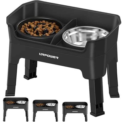 URPOWER 3-in-1 Elevated Dog Bowls - Mess Proof Double Deck 4 Height Adjustable Raised Stand with Stainless Steel Bowl & Slow Feeder & Licking Plate for Small, Medium & Large Dogs - color: Matte Black, size: Large